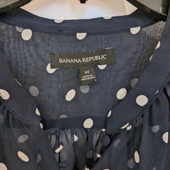 🌸 Banana Republic Sheer Long Sleeve Blouse Navy Blue w/ Cream Polka-Dots Size M - Picture 4 of 10